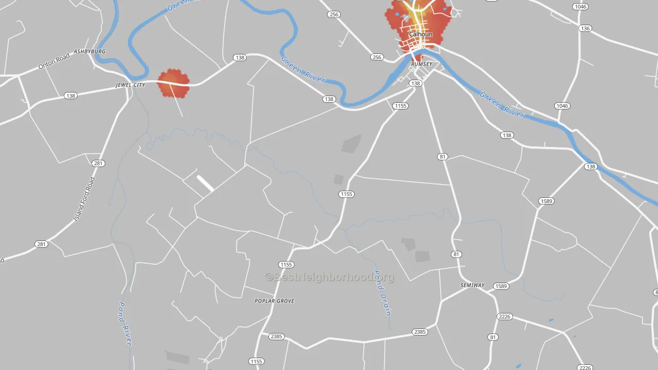 Walk Grade map of 42371, KY, walkable areas in green and car-dependent areas in red
