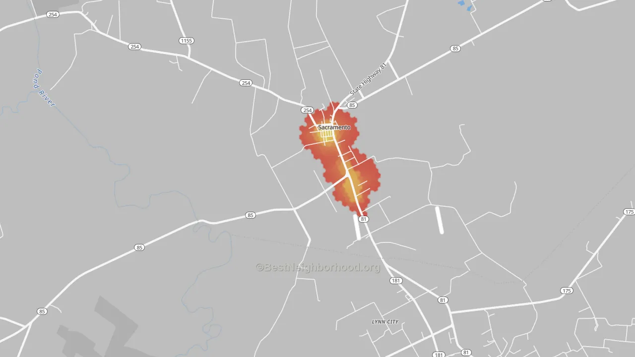 Walk Grade map of 42372, KY, walkable areas in green and car-dependent areas in red