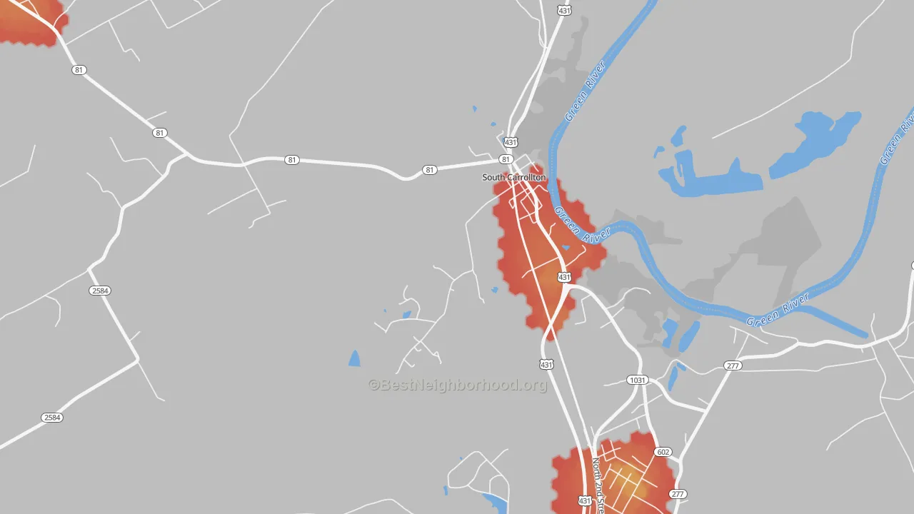 Walk Grade map of 42374, KY, walkable areas in green and car-dependent areas in red