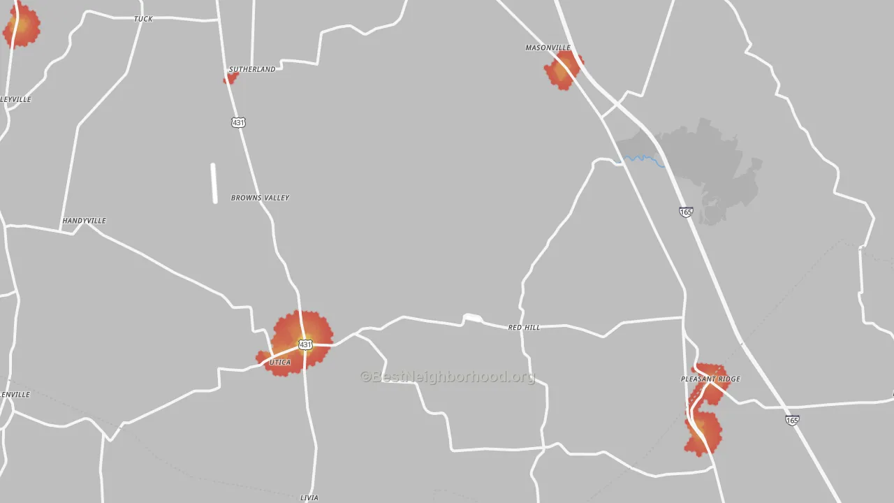 Walk Grade map of 42376, KY, walkable areas in green and car-dependent areas in red