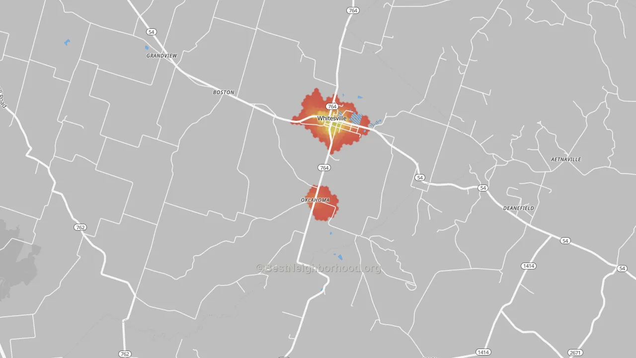 Walk Grade map of 42378, KY, walkable areas in green and car-dependent areas in red