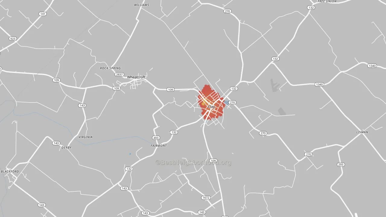 Walk Grade map of 42404, KY, walkable areas in green and car-dependent areas in red
