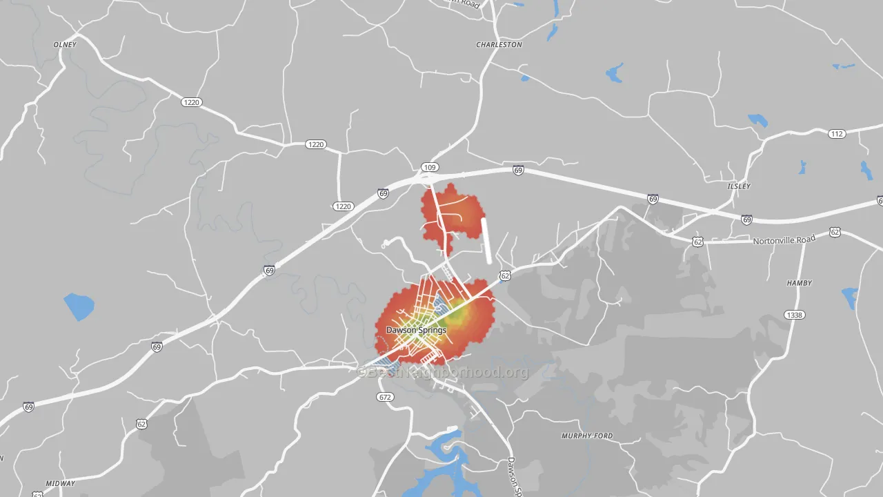 Walk Grade map of 42408, KY, walkable areas in green and car-dependent areas in red