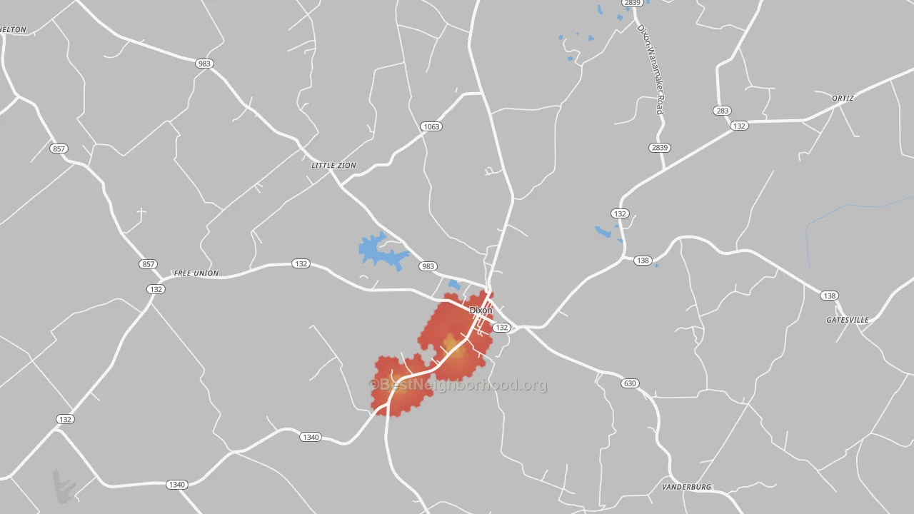 Walk Grade map of 42409, KY, walkable areas in green and car-dependent areas in red
