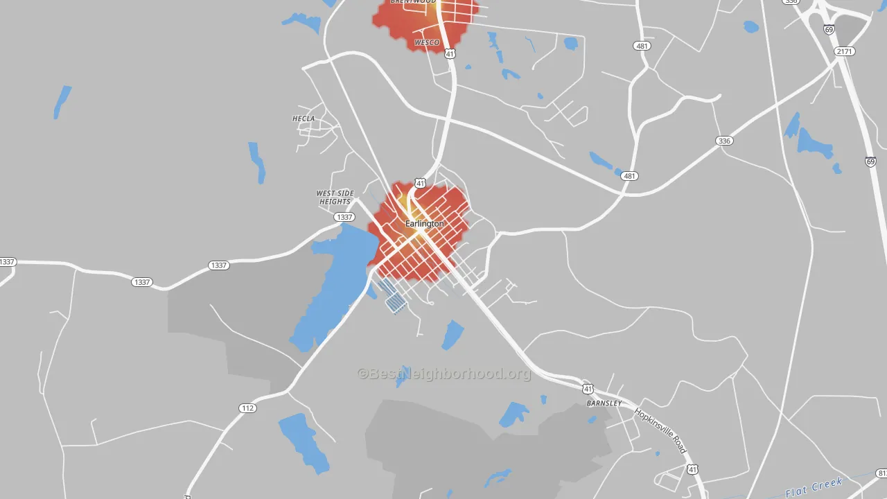 Walk Grade map of 42410, KY, walkable areas in green and car-dependent areas in red