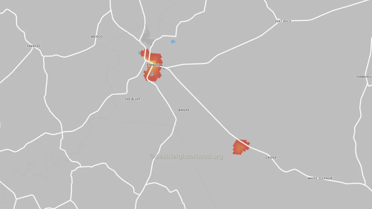 Walk Grade map of 42411, KY, walkable areas in green and car-dependent areas in red