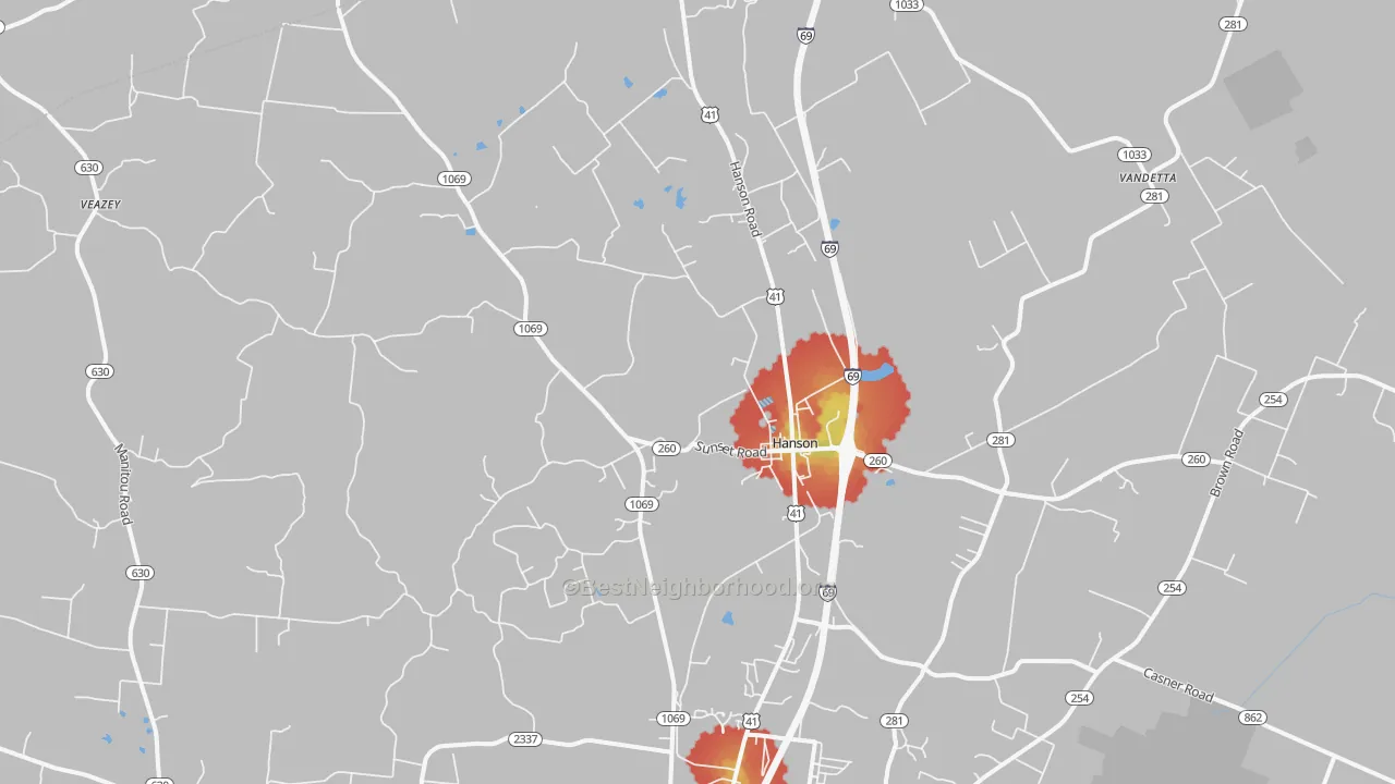Walk Grade map of 42413, KY, walkable areas in green and car-dependent areas in red
