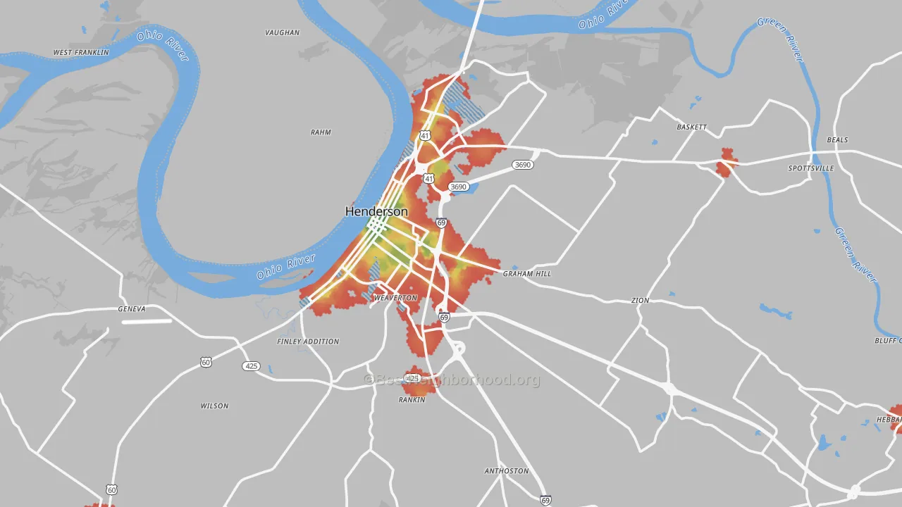 Walk Grade map of 42420, KY, walkable areas in green and car-dependent areas in red