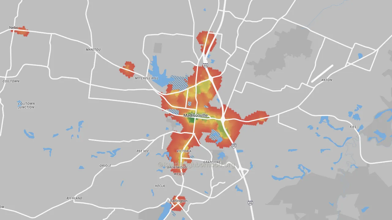 Walk Grade map of 42431, KY, walkable areas in green and car-dependent areas in red