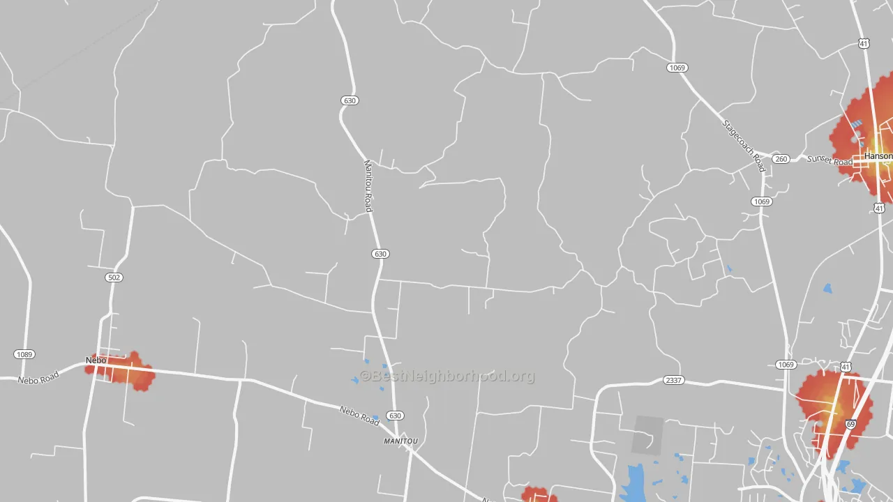 Walk Grade map of 42436, KY, walkable areas in green and car-dependent areas in red