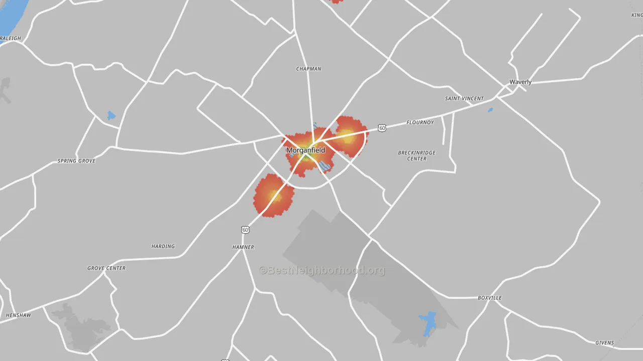 Walk Grade map of 42437, KY, walkable areas in green and car-dependent areas in red