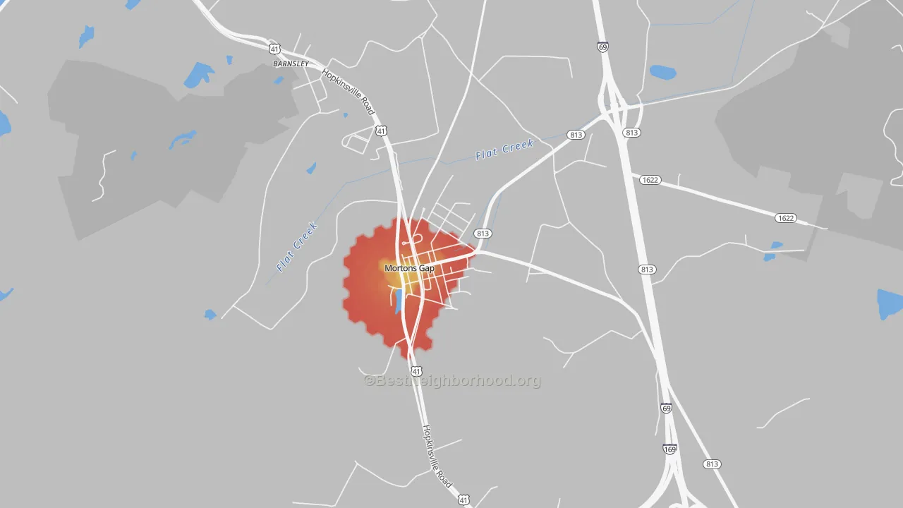 Walk Grade map of 42440, KY, walkable areas in green and car-dependent areas in red