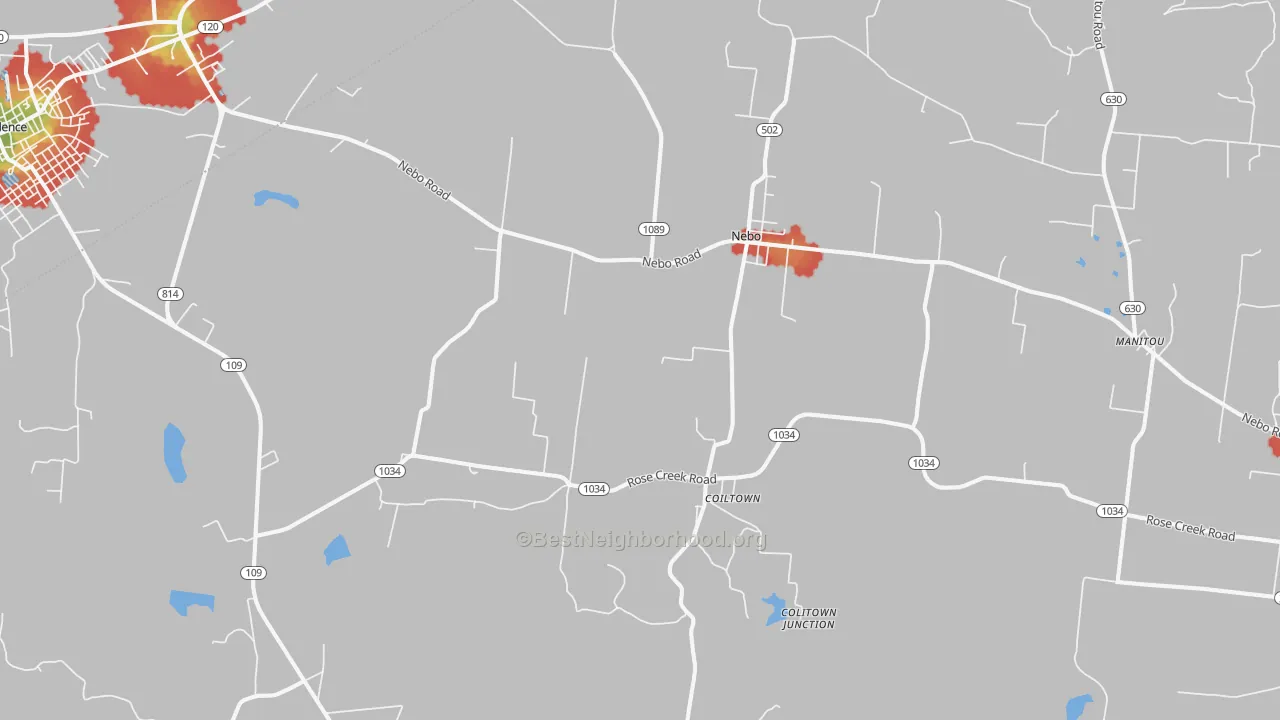 Walk Grade map of 42441, KY, walkable areas in green and car-dependent areas in red