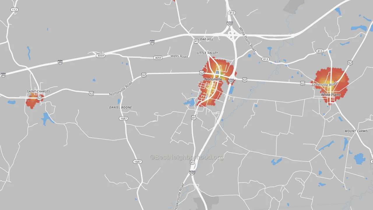 Walk Grade map of 42442, KY, walkable areas in green and car-dependent areas in red