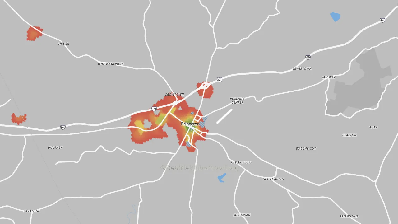 Walk Grade map of 42445, KY, walkable areas in green and car-dependent areas in red