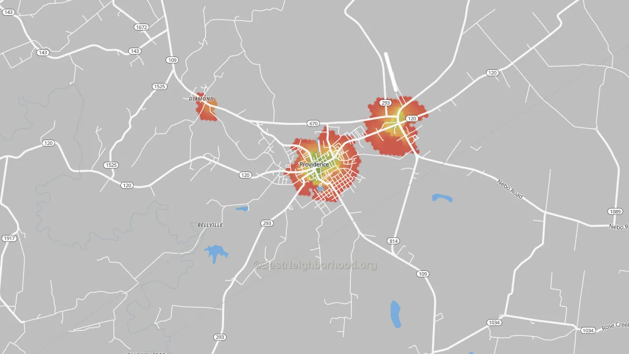 Walk Grade map of 42450, KY, walkable areas in green and car-dependent areas in red