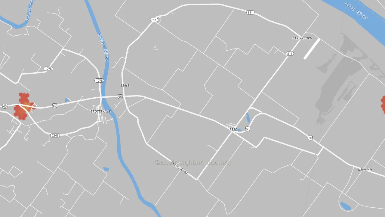 Walk Grade map of 42451, KY, walkable areas in green and car-dependent areas in red