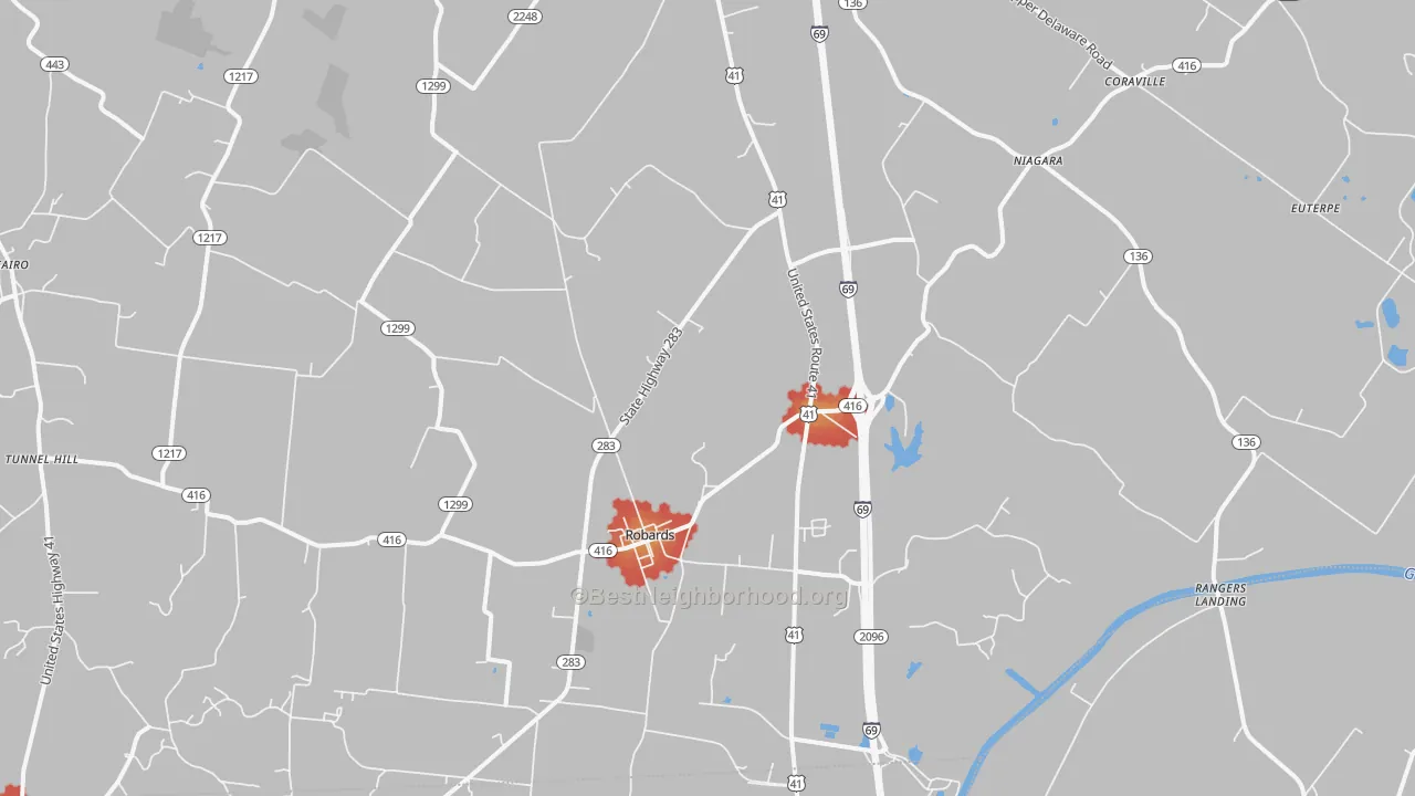 Walk Grade map of 42452, KY, walkable areas in green and car-dependent areas in red
