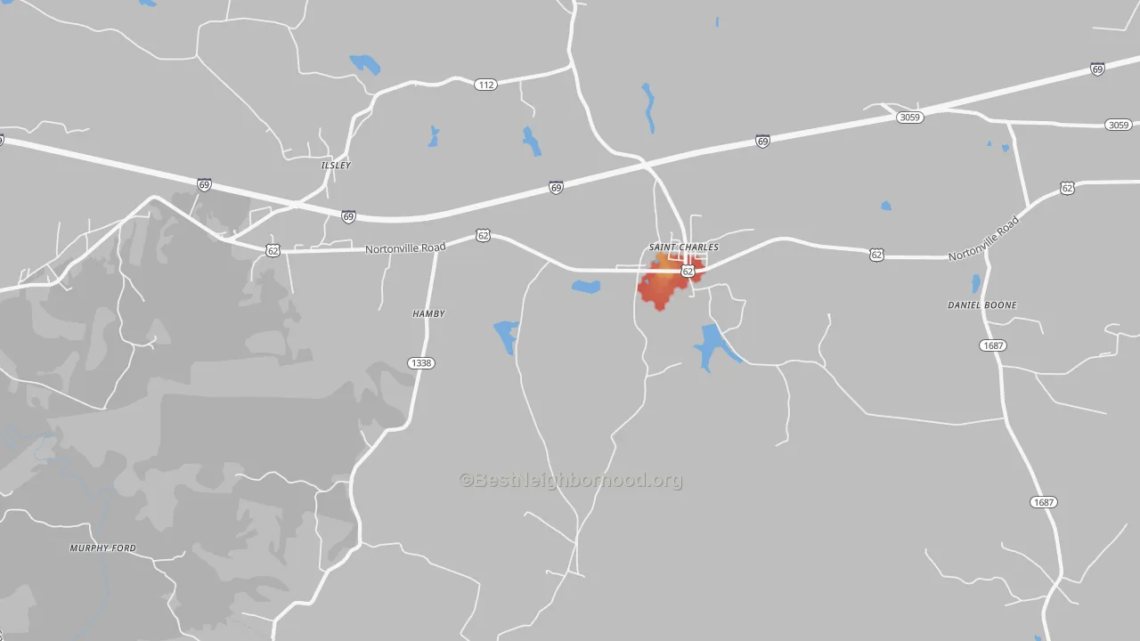 Walk Grade map of 42453, KY, walkable areas in green and car-dependent areas in red