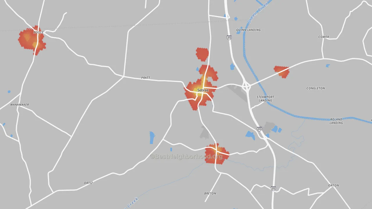 Walk Grade map of 42455, KY, walkable areas in green and car-dependent areas in red