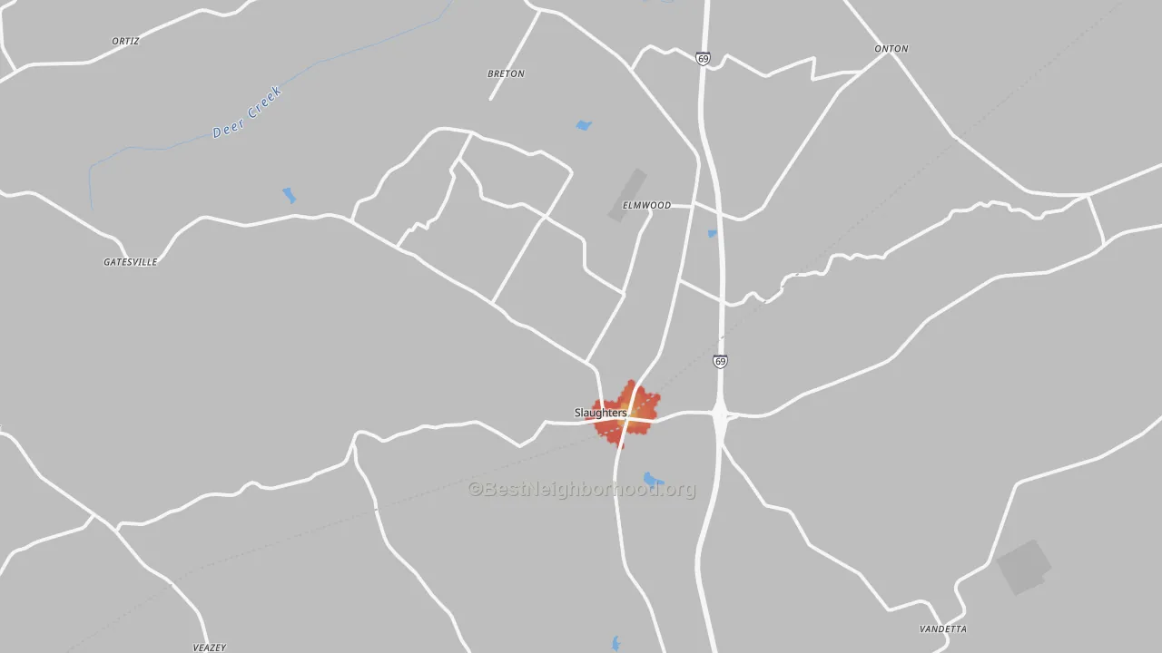 Walk Grade map of 42456, KY, walkable areas in green and car-dependent areas in red