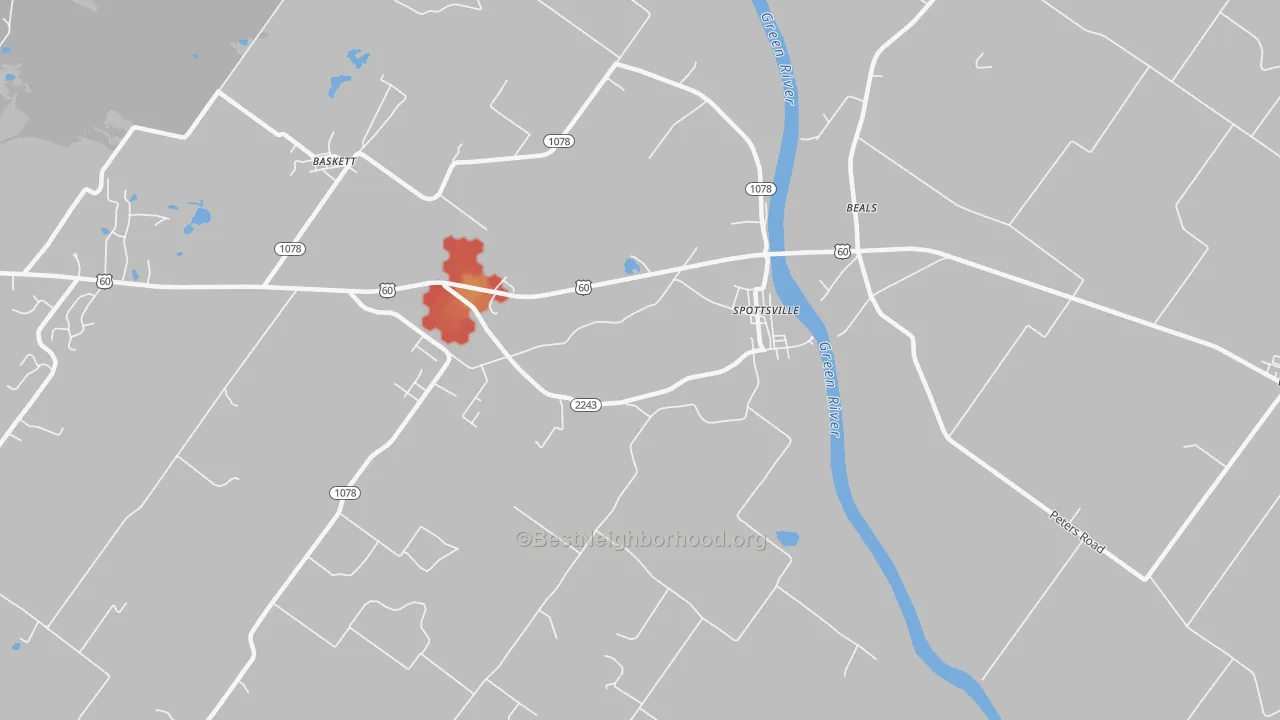 Walk Grade map of 42458, KY, walkable areas in green and car-dependent areas in red