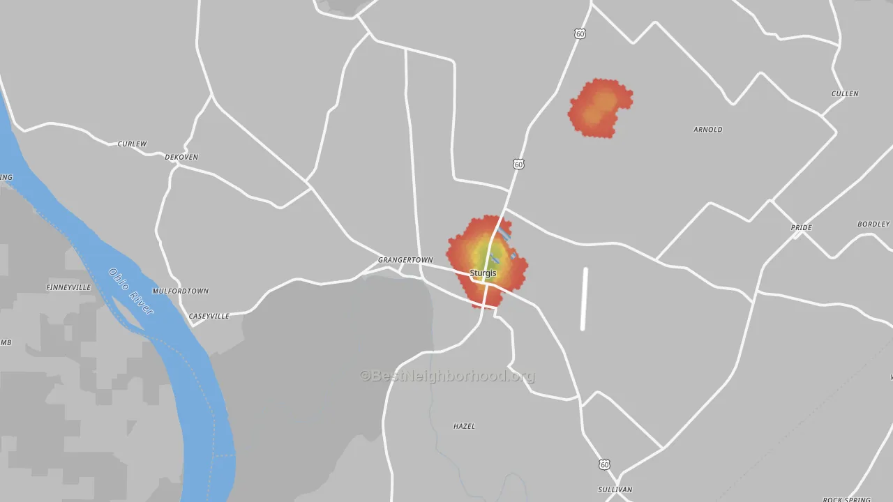 Walk Grade map of 42459, KY, walkable areas in green and car-dependent areas in red