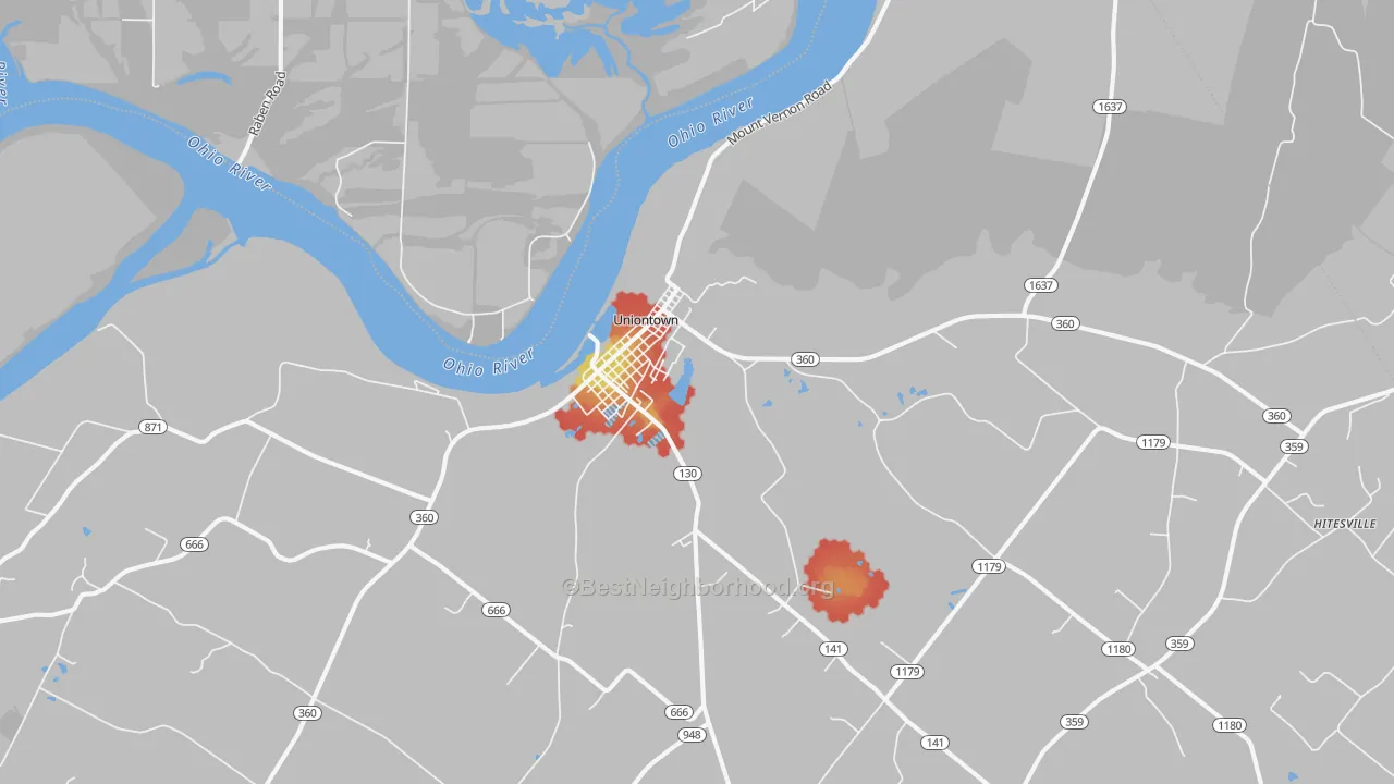 Walk Grade map of 42461, KY, walkable areas in green and car-dependent areas in red
