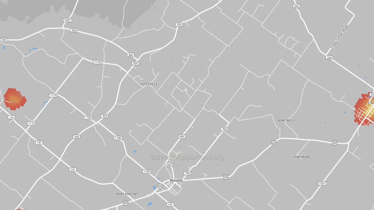 Walk Grade map of 42462, KY, walkable areas in green and car-dependent areas in red