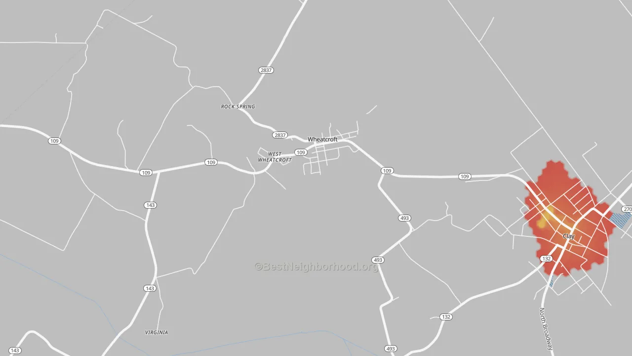 Walk Grade map of 42463, KY, walkable areas in green and car-dependent areas in red