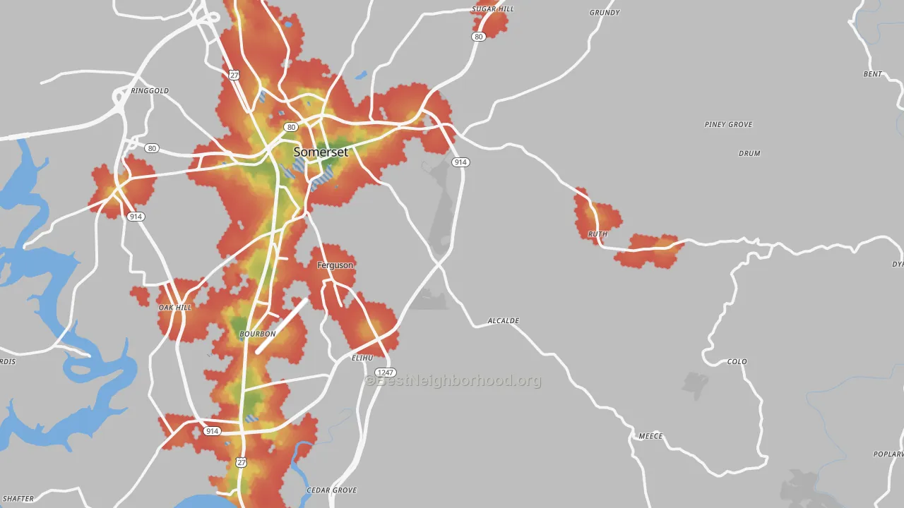 Walk Grade map of 42501, KY, walkable areas in green and car-dependent areas in red