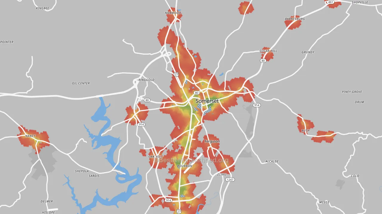 Walk Grade map of 42503, KY, walkable areas in green and car-dependent areas in red