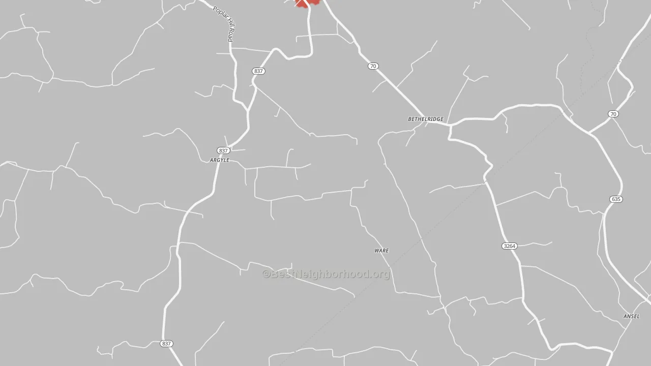Walk Grade map of 42516, KY, walkable areas in green and car-dependent areas in red