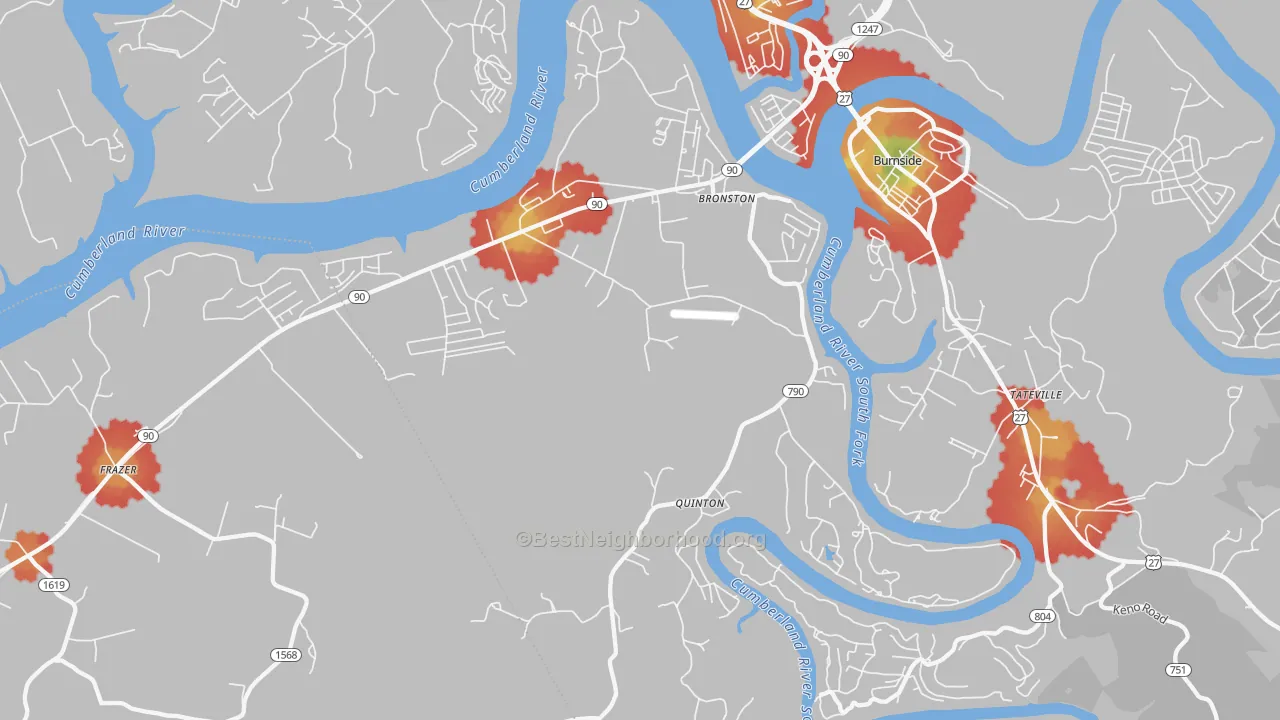 Walk Grade map of 42518, KY, walkable areas in green and car-dependent areas in red