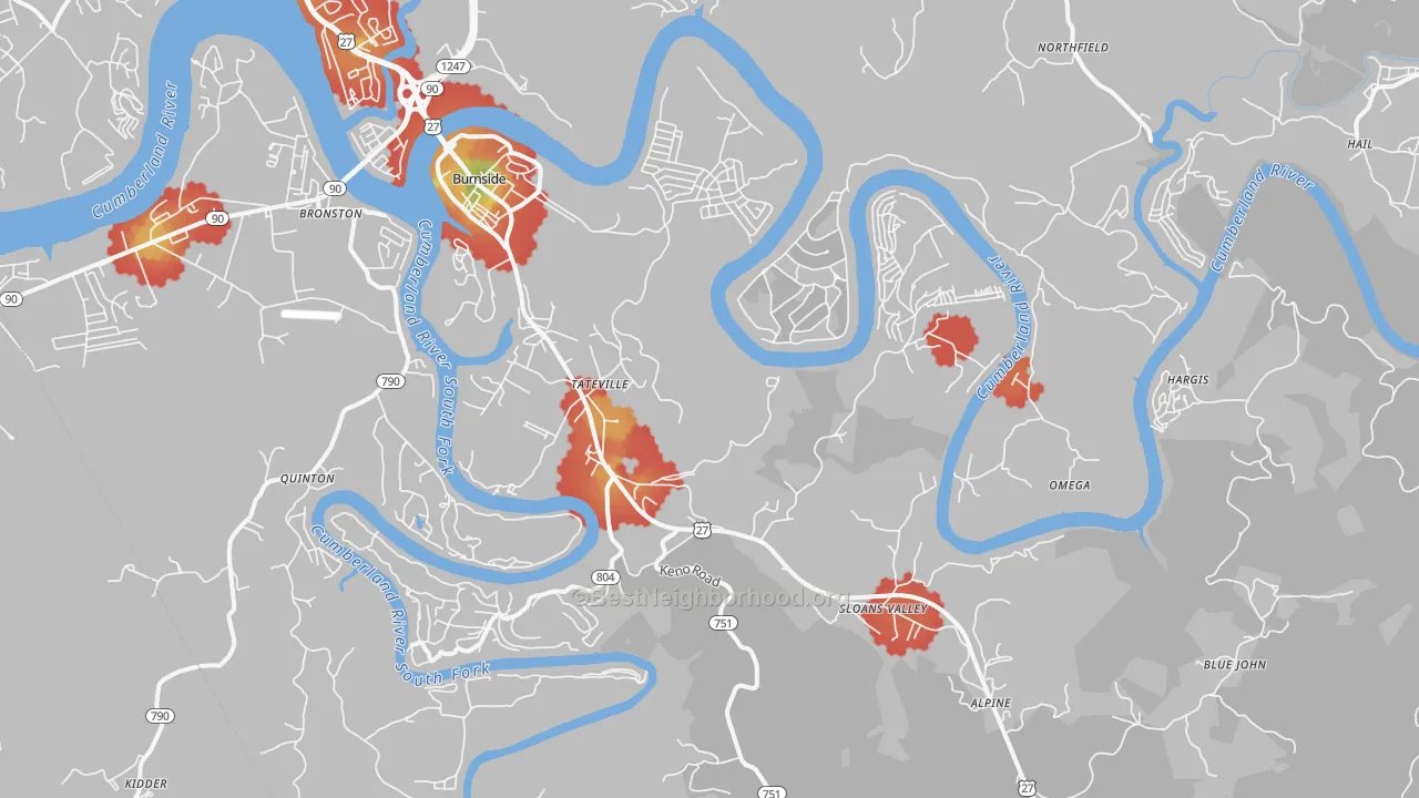 Walk Grade map of 42519, KY, walkable areas in green and car-dependent areas in red