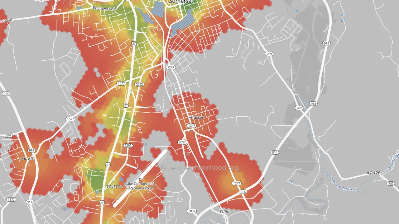 Walk Grade map of 42533, KY, walkable areas in green and car-dependent areas in red