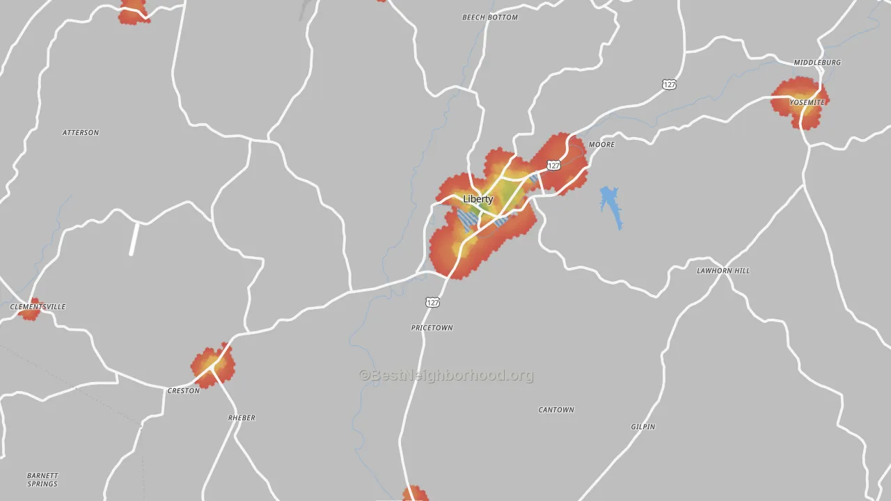 Walk Grade map of 42539, KY, walkable areas in green and car-dependent areas in red