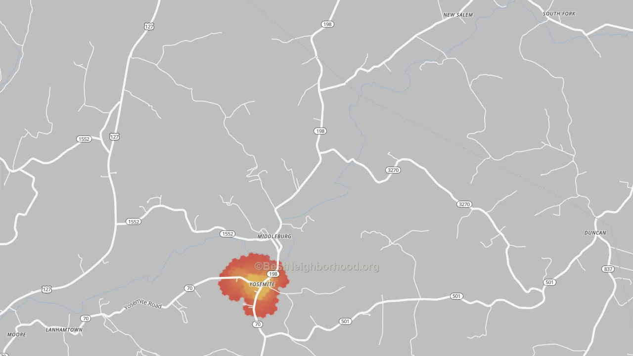 Walk Grade map of 42541, KY, walkable areas in green and car-dependent areas in red