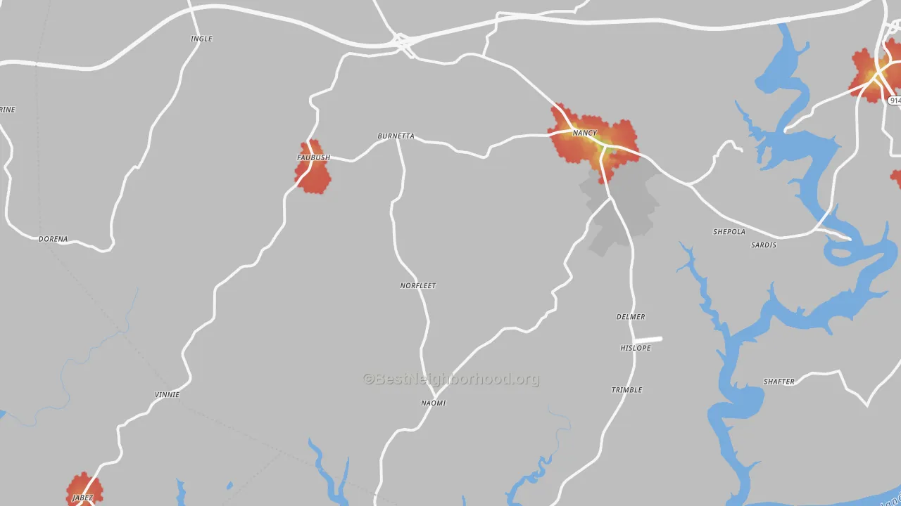 Walk Grade map of 42544, KY, walkable areas in green and car-dependent areas in red