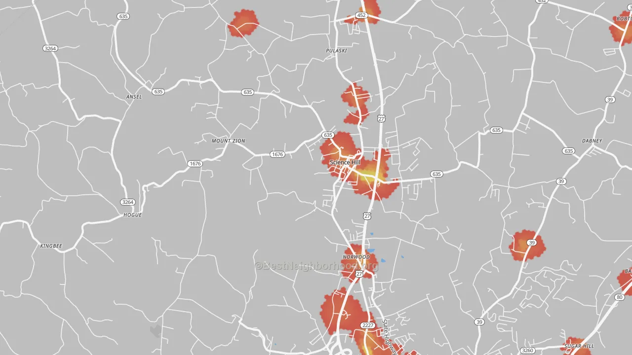 Walk Grade map of 42553, KY, walkable areas in green and car-dependent areas in red