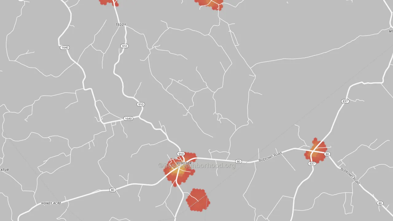Walk Grade map of 42565, KY, walkable areas in green and car-dependent areas in red