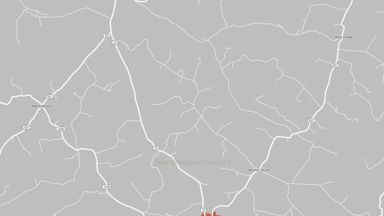 Walk Grade map of 42566, KY, walkable areas in green and car-dependent areas in red