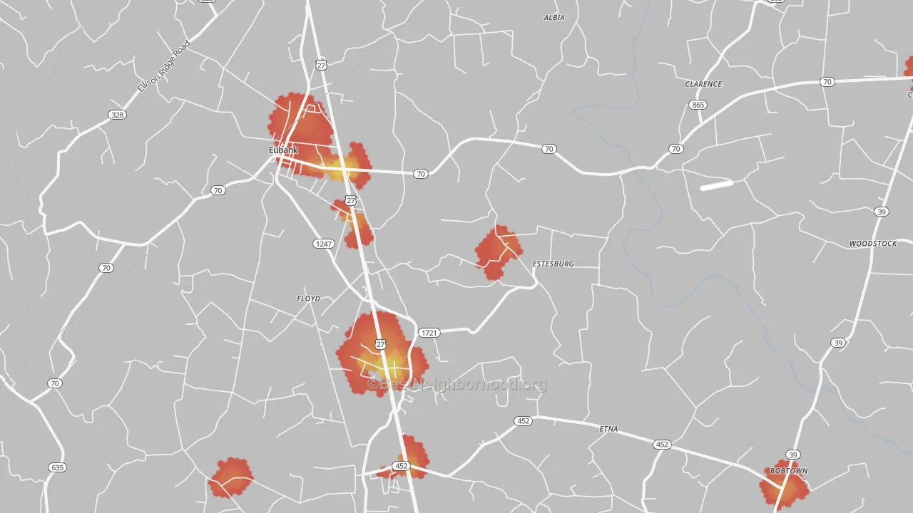Walk Grade map of 42567, KY, walkable areas in green and car-dependent areas in red