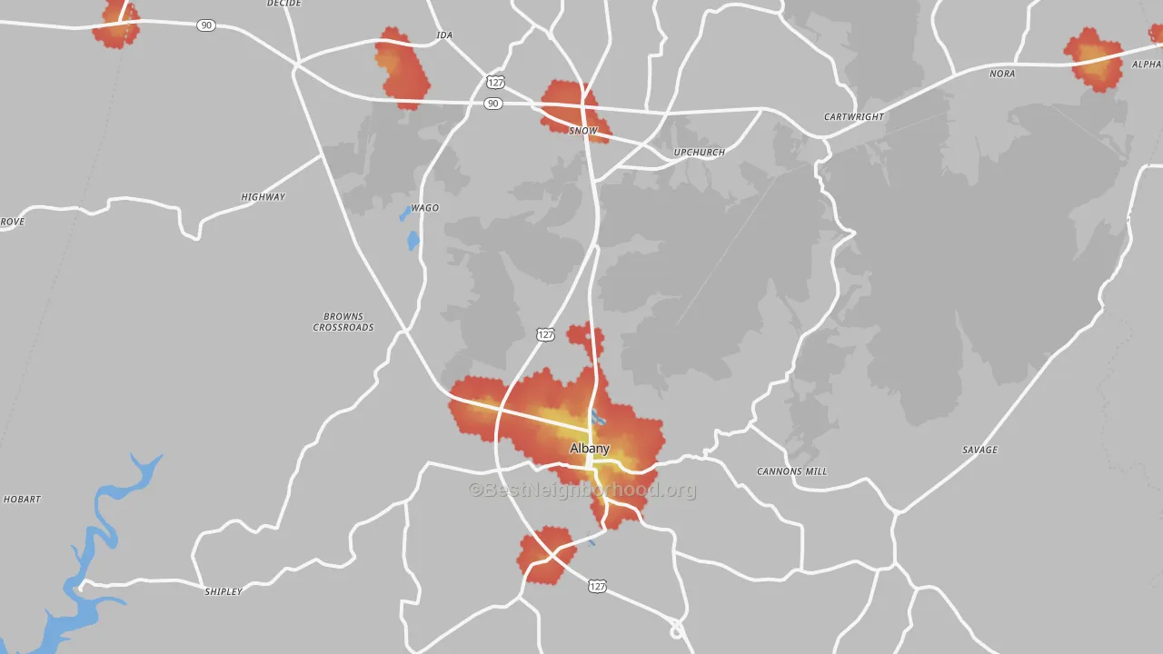 Walk Grade map of 42602, KY, walkable areas in green and car-dependent areas in red