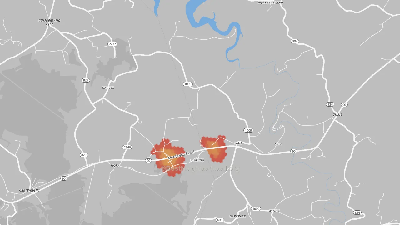 Walk Grade map of 42603, KY, walkable areas in green and car-dependent areas in red