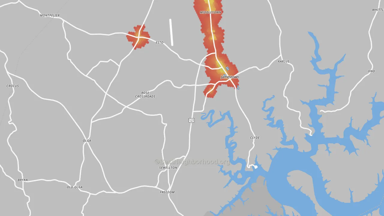 Walk Grade map of 42629, KY, walkable areas in green and car-dependent areas in red