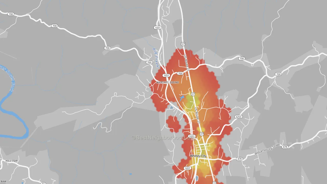 Walk Grade map of 42631, KY, walkable areas in green and car-dependent areas in red