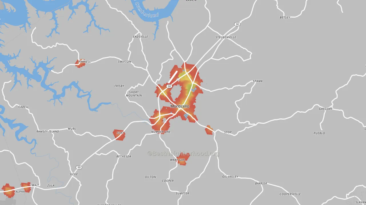Walk Grade map of 42633, KY, walkable areas in green and car-dependent areas in red