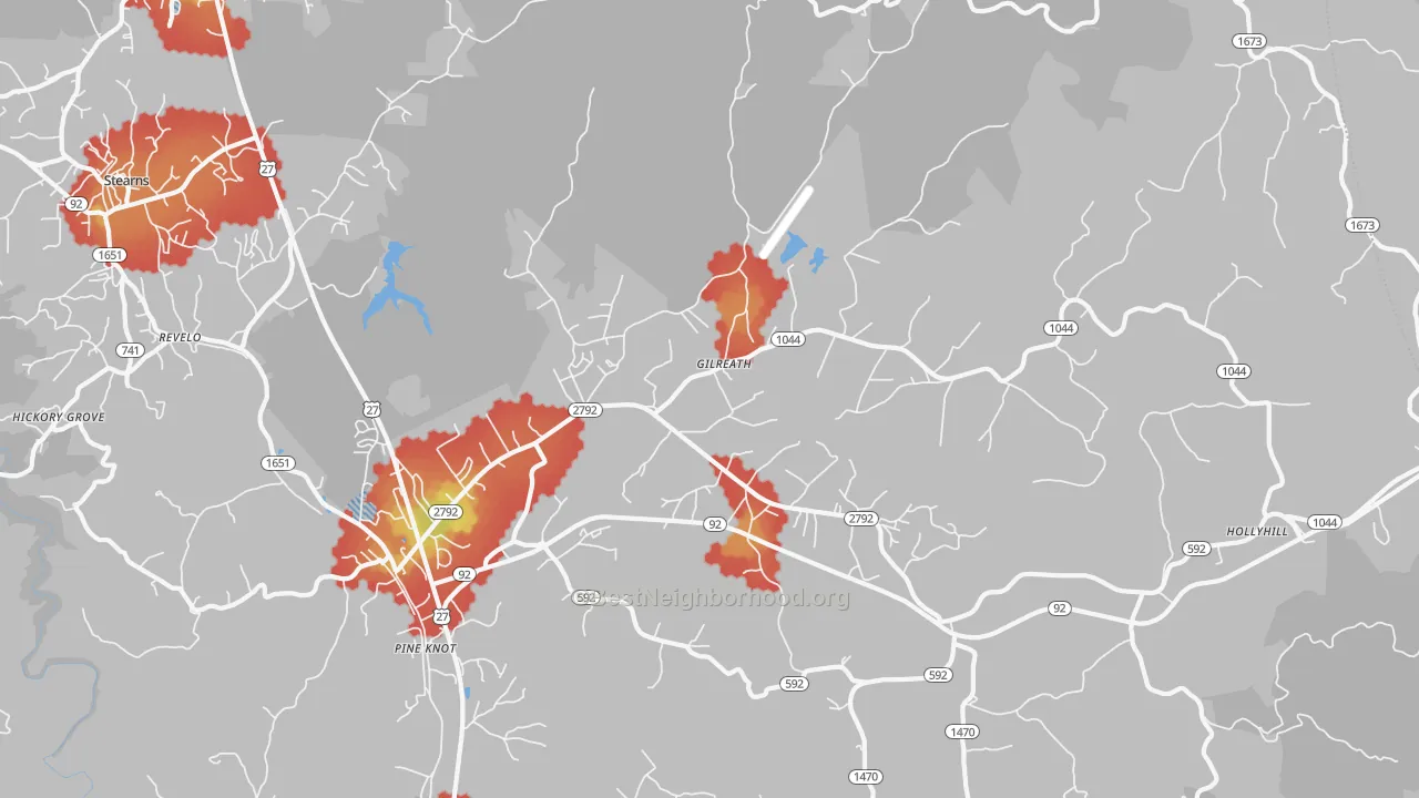 Walk Grade map of 42635, KY, walkable areas in green and car-dependent areas in red