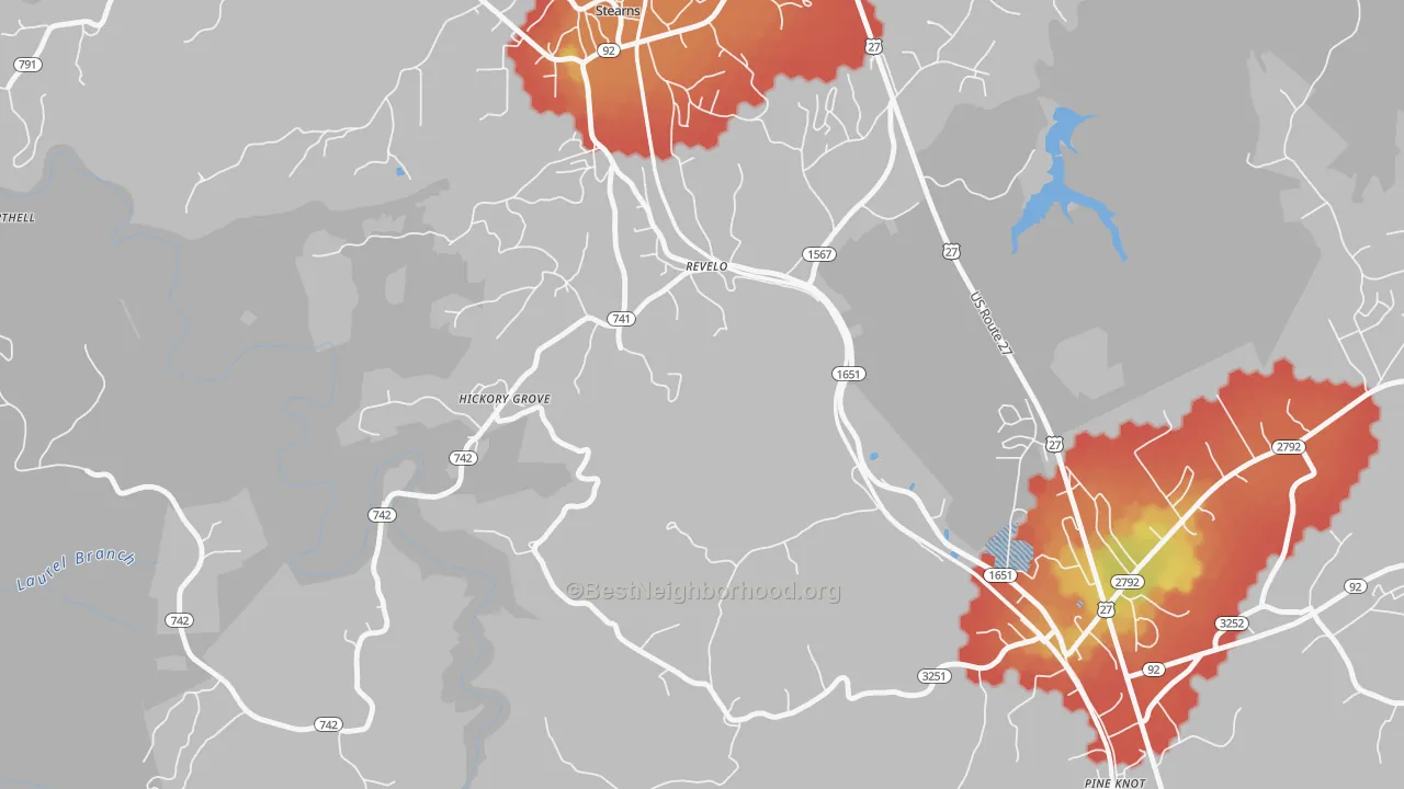 Walk Grade map of 42638, KY, walkable areas in green and car-dependent areas in red